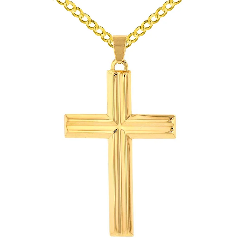 women classic gold necklaces -14k Yellow Gold Crucifix Large Religious Plain Cross Pendant with Cuban Chain Necklace