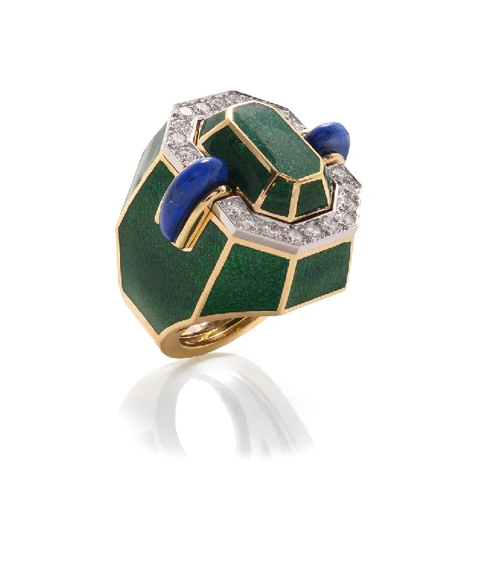 women double band rings -Facet Ring, Lapis Lazuli, Green Enamel