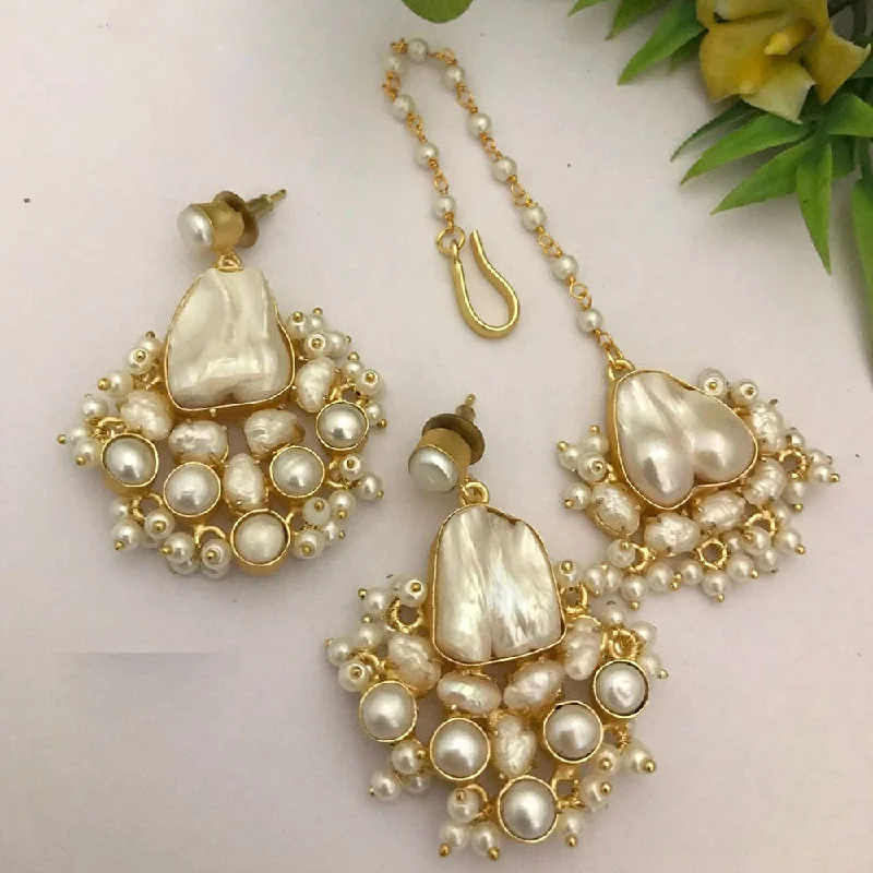 women unique gemstone earrings -FS Collection Gold Plated Mother Of Pearl Earrings With Maangtikka