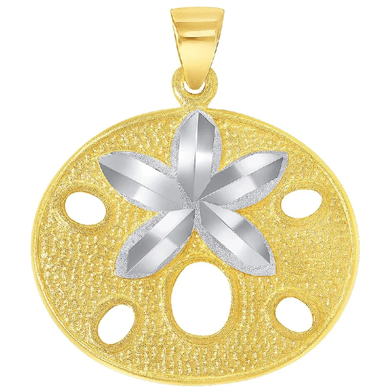 women star-shaped necklaces -Solid 14k Yellow Gold Sand Dollar Two Tone Sea Star Shell Pendant