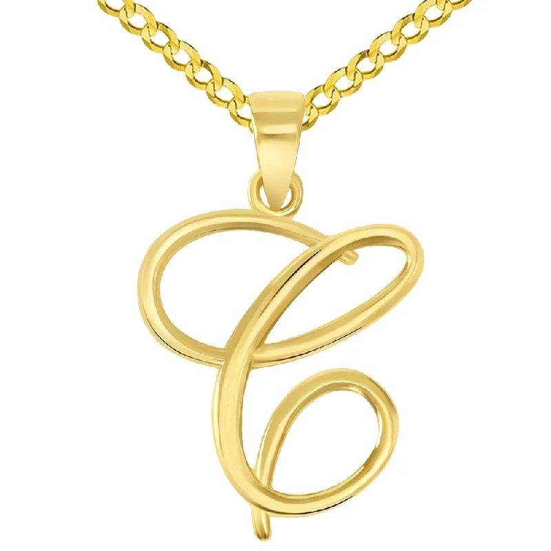 women silver link necklaces -14k Yellow Gold Elegant Script Letter C Cursive Initial Pendant with Curb Chain Necklace