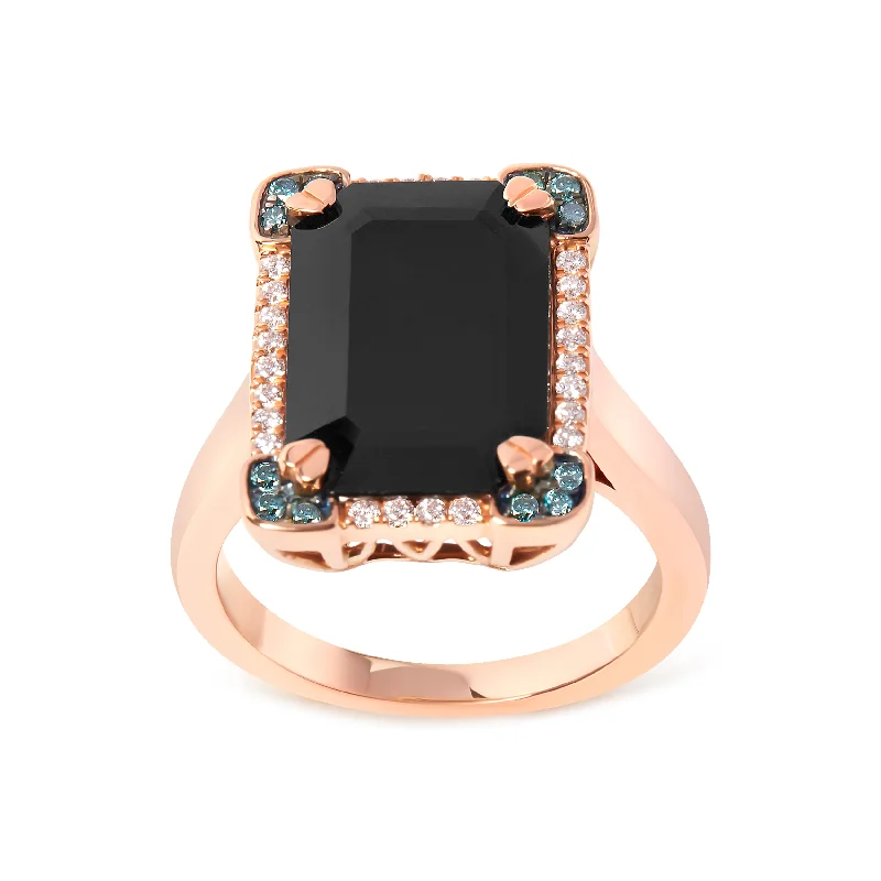 affordable princess cut engagement rings -14K Rose Gold 15x10 MM Emerald-Cut Black Onyx and 1/5 Cttw Blue and White Diamond Halo Cocktail Ring- Size 7