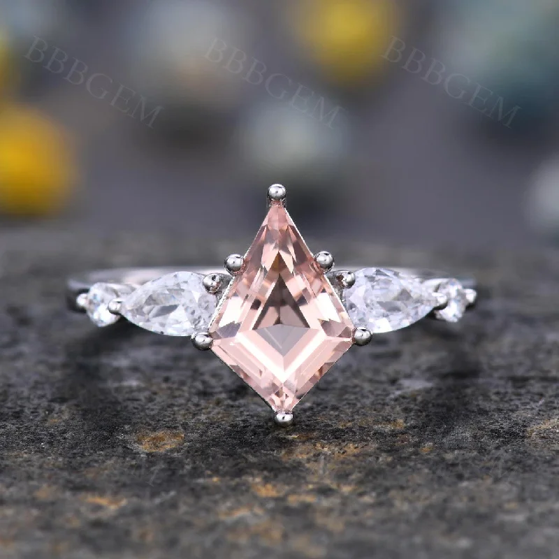 emerald and diamond engagement rings -Female Vintage Peach Morganite Engagement Ring Kite-Shaped Lozenge Cut