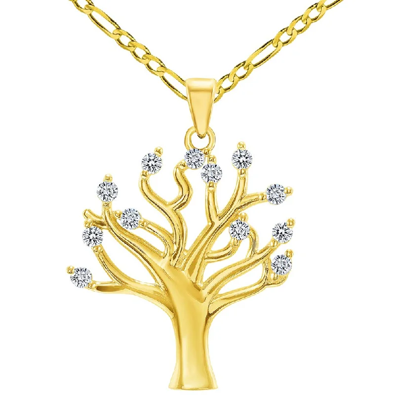 women silver necklaces -14k Yellow Gold High Polish Cubic-Zirconia Tree of Life Pendant with Figaro Chain Necklace