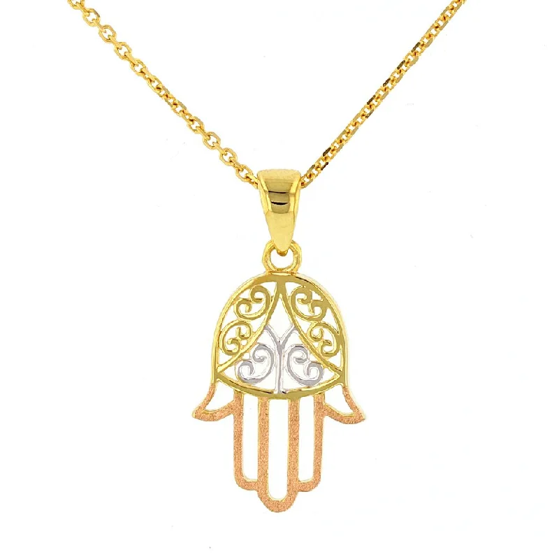 women art nouveau necklaces -Solid 14K Gold Hamesh Hamsa Hand of Fatima with Filigree Pendant Necklace