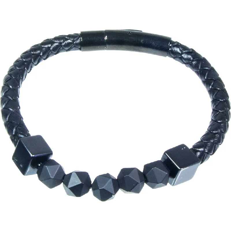 women gemstone charm bracelets -Black Leather Stainless Steel Clasp Bracelet with Black Ceramic Beads