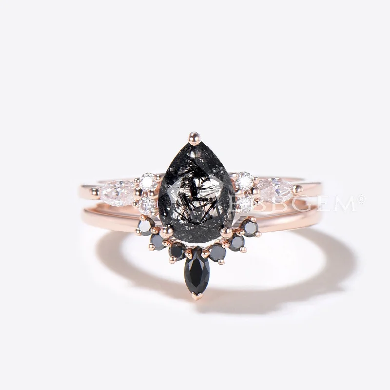 elegant engagement rings -Black Rutilated Quartz Engagement Ring Moissanite Spinel Ring