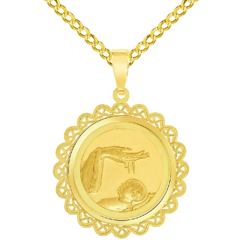 women friendship necklaces -14k Yellow Gold Religious Baptism Christening On Round Ornate Medal Pendant with Cuban Chain Curb Necklace