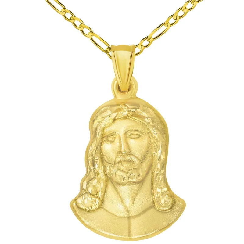 women long necklaces -14k Yellow Gold Head of Jesus Christ Neck Up Profile Pendant with Figaro Chain Necklace