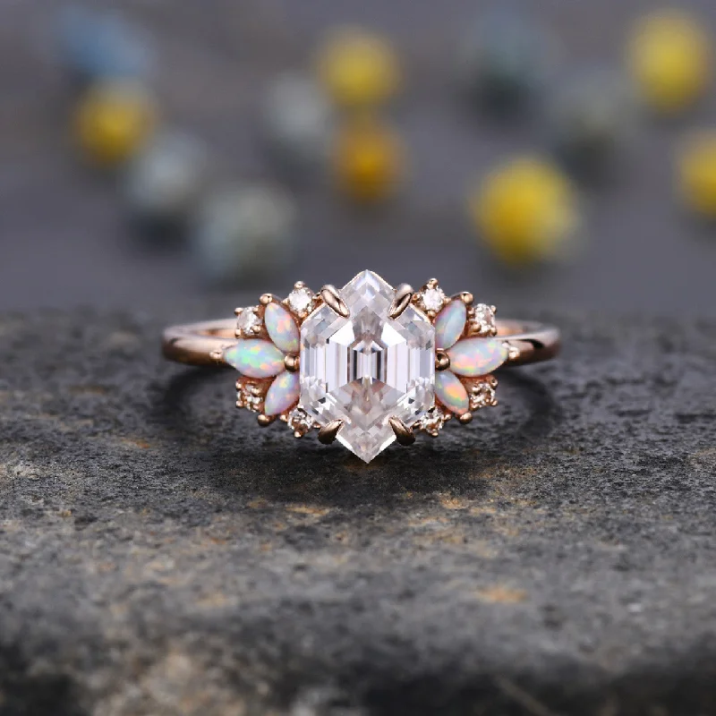 classic solitaire engagement rings -Vintage moissanite opal engagement ring hexagon cut moissanite ring rose gold promise ring