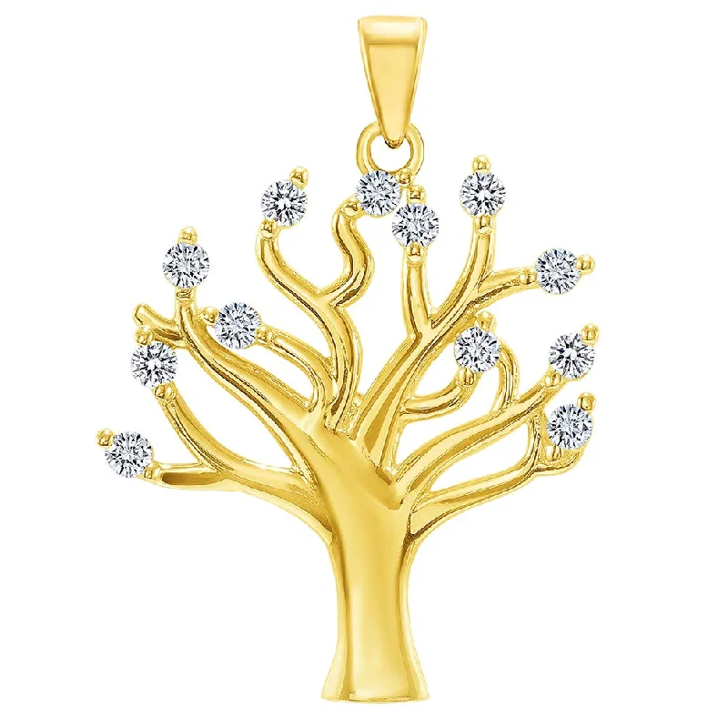 women delicate necklaces -14k Yellow Gold High Polish Cubic-Zirconia Tree of Life Pendant