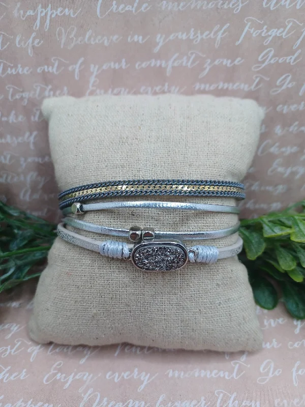 women cuff bracelet sets -Grey Layered Bracelet w/ Glitter Pendant Accent & Silver Beading