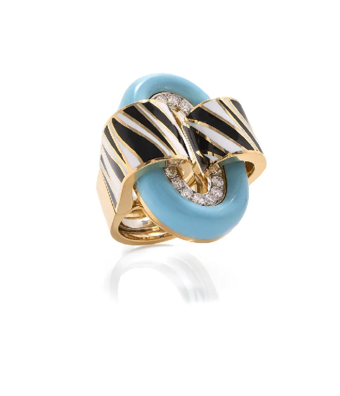 women princess cut rings -Zebra Stripe Oval Buckle Ring, Light Blue Enamel