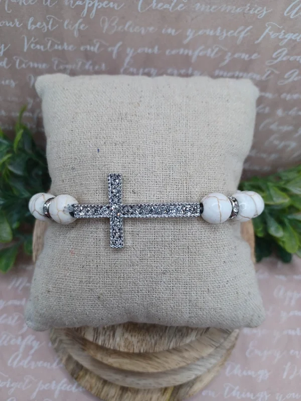 women engraved cuff bracelets -White Crackle Stone Beaded Cross Bracelet