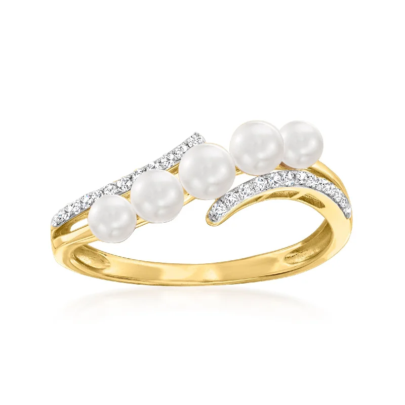 halo engagement rings -Ross-Simons 3-4mm Cultured Pearl and . Diamond Wave Ring in 14kt Yellow Gold