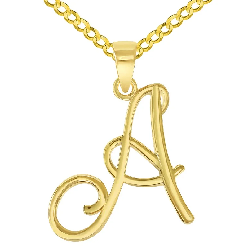 women lucky charm necklaces -14k Yellow Gold Elegant Script Letter A Cursive Initial Pendant with Curb Chain Necklace