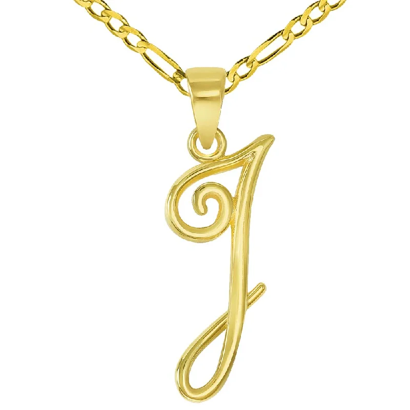 women long gold necklaces -14k Yellow Gold Elegant Script Letter I Cursive Initial Pendant with Figaro Chain Necklace