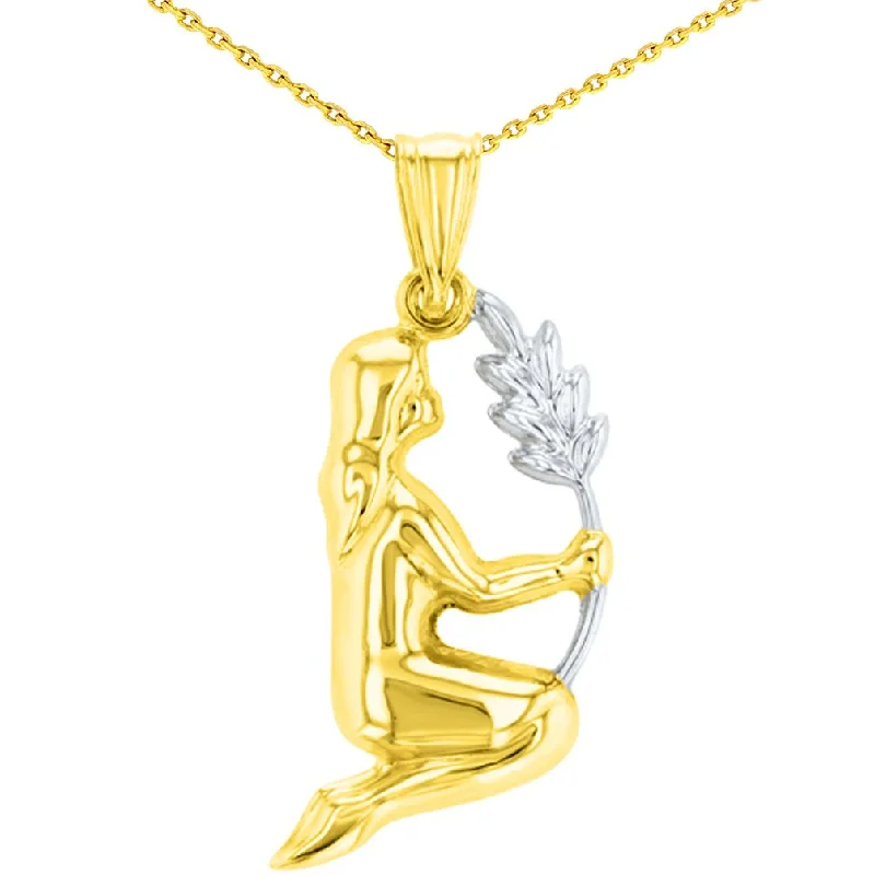 women statement necklaces -High Polish 14K Gold Virgo Maiden Holding Wheat Zodiac Sign Charm Pendant with Chain Necklace - Yellow Gold