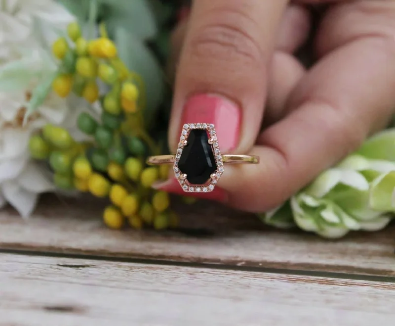 moissanite engagement rings -Vintage Black Onyx Coffin Halo Ring Black Spinel Coffin Ring Engagement