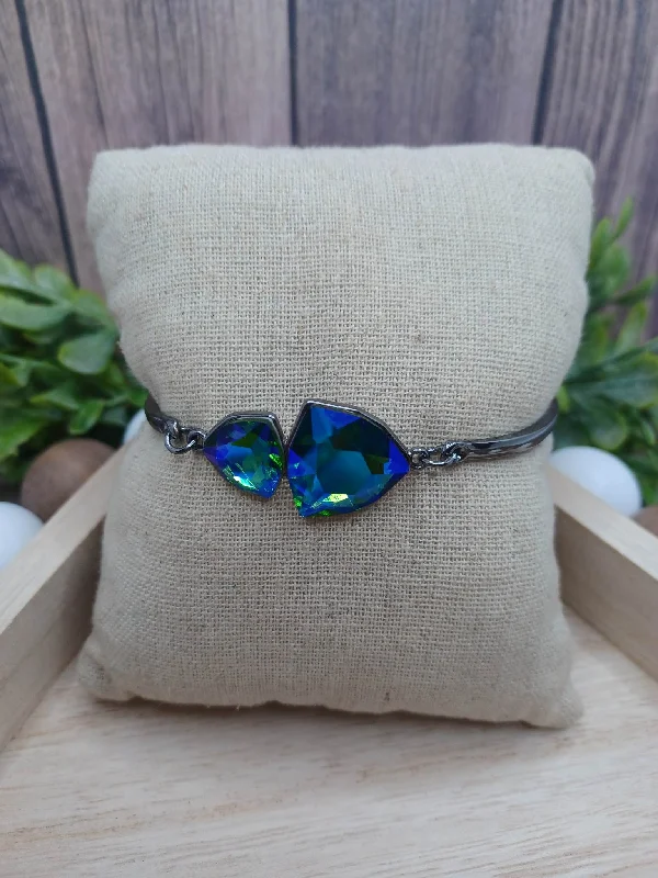 women multi-strand bracelets -Silver Bracelet/Anklet with Blue/Green Oil Spill Rhinestones