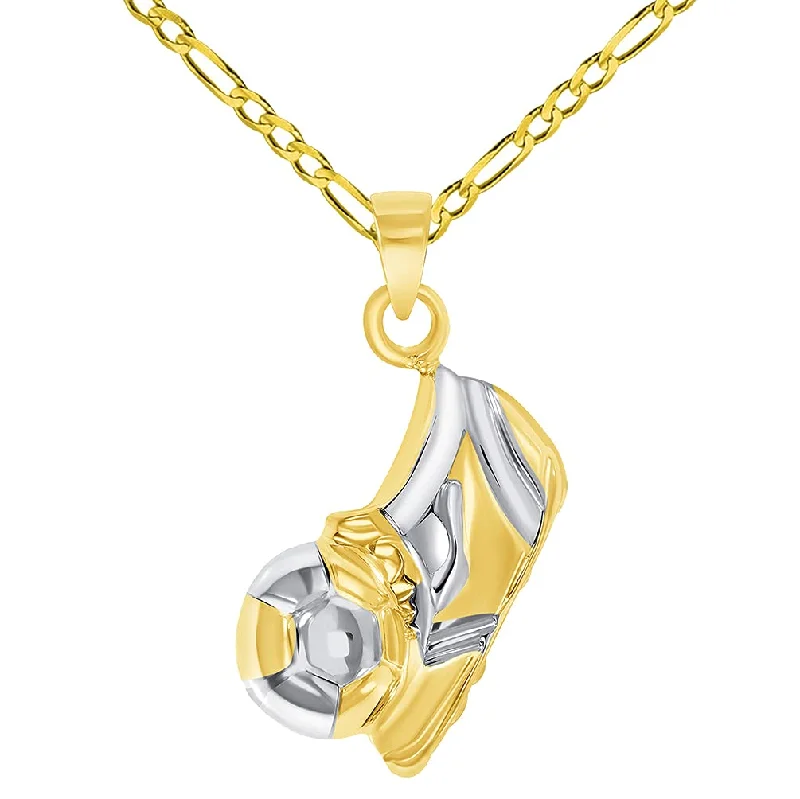 women silver chain necklaces -14k Yellow Gold 3D Soccer Shoe Kicking Ball Charm Two-Tone Football Sports Pendant Figaro Chain Necklace