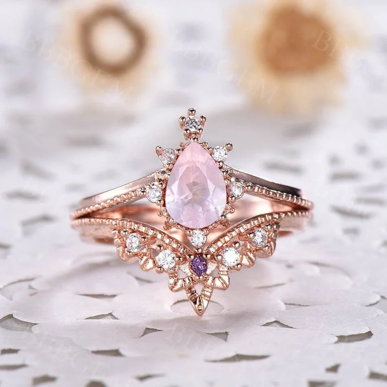 18k gold engagement rings -Vintage Rose Quartz Engagement Ring 0.8 Carat Curved Milgrain Wedding Band