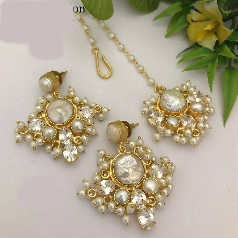 women fashion earrings -FS Collection Gold Plated Mother Of Pearl Earrings With Maangtikka