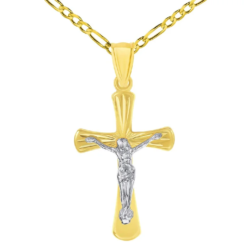 women long gold necklaces -14k Gold High Polished Textured Religious Cross Jesus Crucifix Pendant with Figaro Chain Necklace - Two-Tone