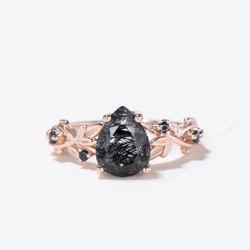 women classic engagement rings -Branch Leaf Pear Shaped Black Rutilated Quartz Engagement Ring