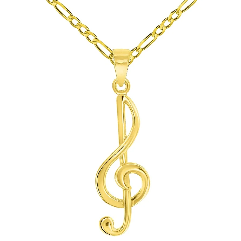 women fashion necklaces -Solid 14k Yellow Gold G Clef Musical Symbol Charm Music Note Pendant with Figaro Chain Necklace