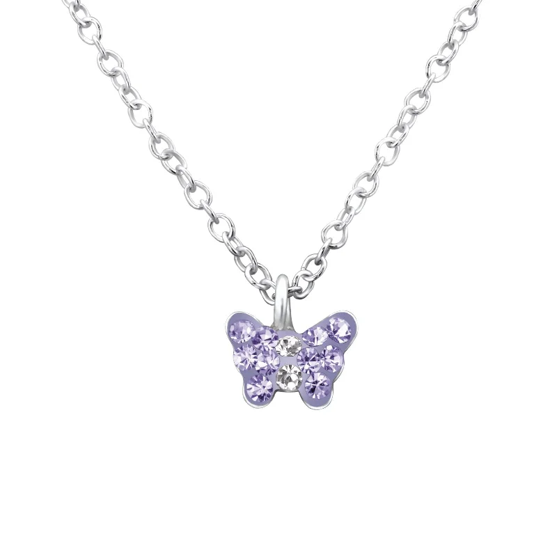 women animal pendant necklaces -Children's Sterling Silver Purple Crystal Butterfly Pendant Necklace