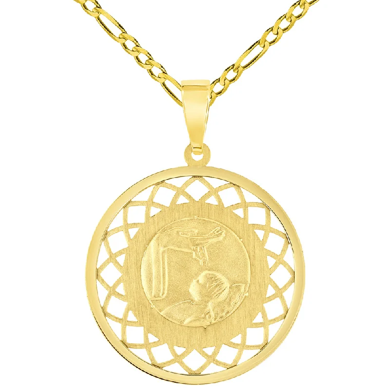 women infinity diamond necklaces -14k Yellow Gold Religious Baptism Christening On Round Open Ornate Medal Pendant with Figaro Chain Necklace