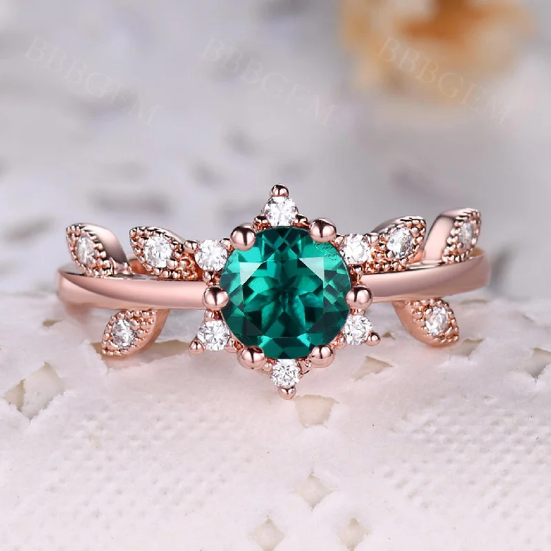 contemporary moissanite engagement rings -Emerald Leaf Engagement Rings for Women Green Emerald Leaves Ring Anniversary