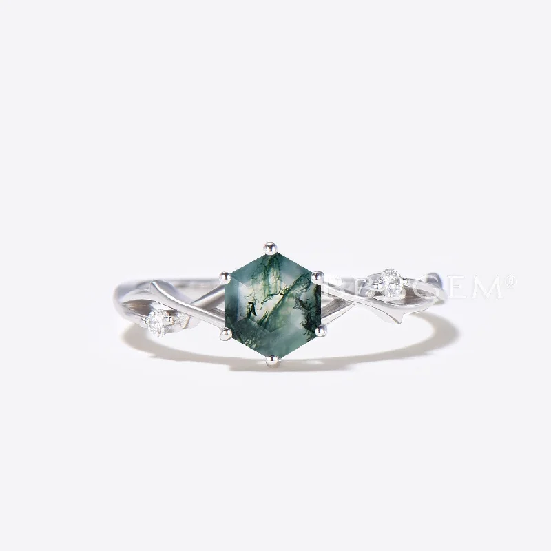 simple platinum engagement rings -Twisted Vine Moss Agate Moissanite Engagement Ring Hexagon Cut Ring