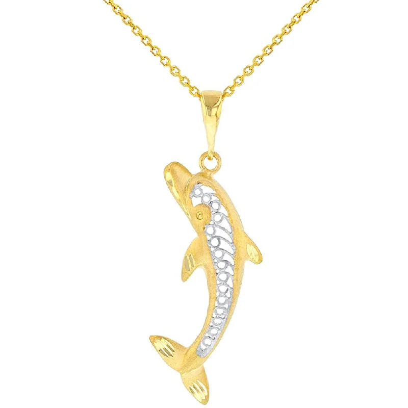 women custom necklaces -14K Yellow Gold Filigree Jumping Dolphin Charm Animal Pendant Necklace