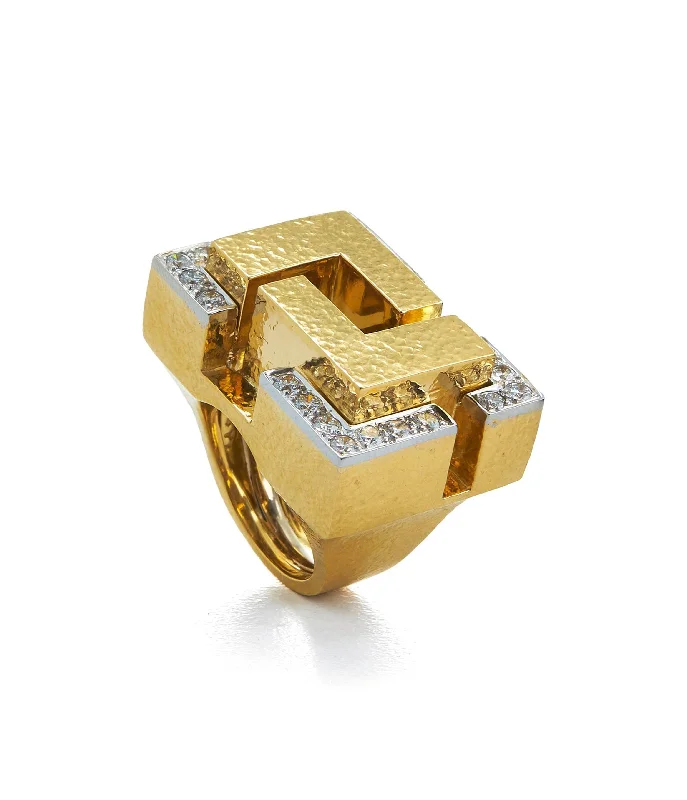 women gold-plated rings -Cubist Ring, Hammered 18K Gold