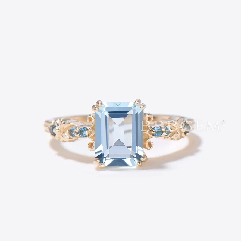 yellow diamond engagement rings -Emerald Cut Aquamarine Engagement Ring 7 Stone Blue Topaz Ring