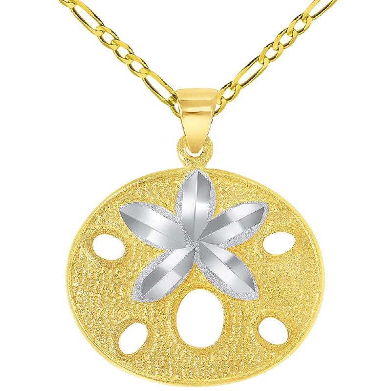 women drop necklaces -Solid 14k Yellow Gold Sand Dollar Two Tone Sea Star Shell Pendant with Figaro Chain Necklace