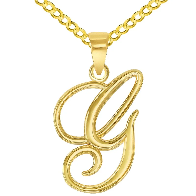 women gemstone pendant necklaces -14k Yellow Gold Elegant Script Letter G Cursive Initial Pendant with Concave Cuban Link Curb Chain Necklace