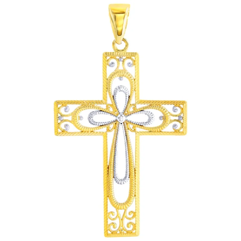 women silver necklaces -14K Gold Textured Milgrain Filigree Cross Pendant - Yellow Gold