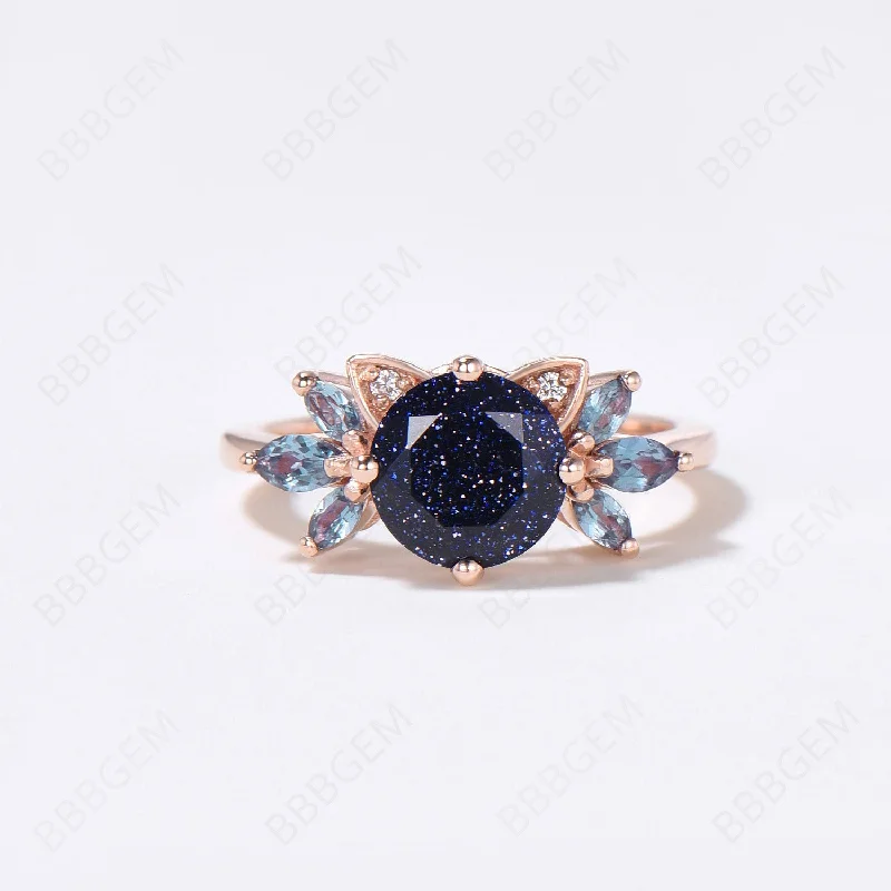 women antique engagement rings -Cat Engagement Ring 7mm Round Blue Sandstone Engagement Ring Alexandrite Cluster Wedding Ring Unique Kitten Blue Goldstone Ring Gift For Cat Lover