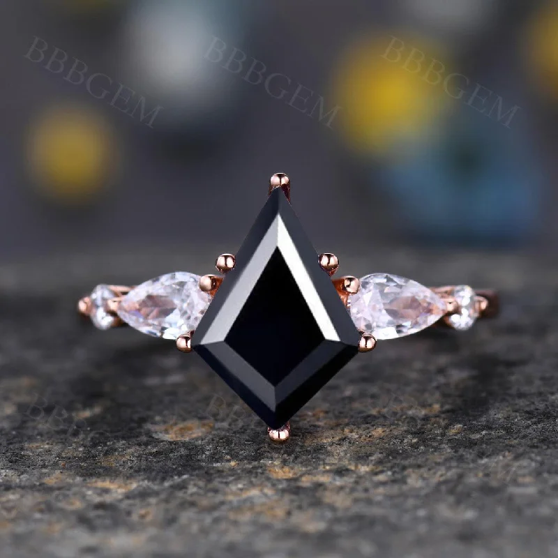 round brilliant cut engagement rings -Lozenge-Shaped Step Cut Black Onyx Statement Ring with Pear Moissanite Accent Stone