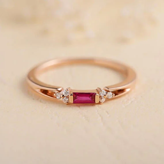 antique diamond engagement rings -Rose Gold Engagement Ring Baguette Ruby Diamond Cluster July Birthstone Stacking Wedding Band Women Antique Engraving Promise Split Shank