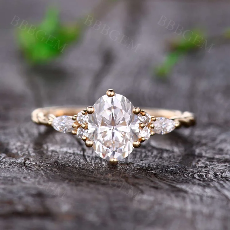 romantic engagement rings -1.5CT Oval Cut Moissanite Engagement Ring Marquise Moissanite Twist Plain Gold Band