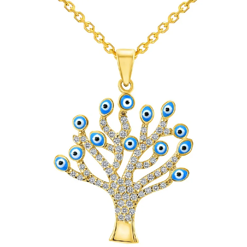 women personalized necklaces -14k Yellow Gold Cubic-Zirconia Blue Evil Eye Tree of Life Pendant Necklace