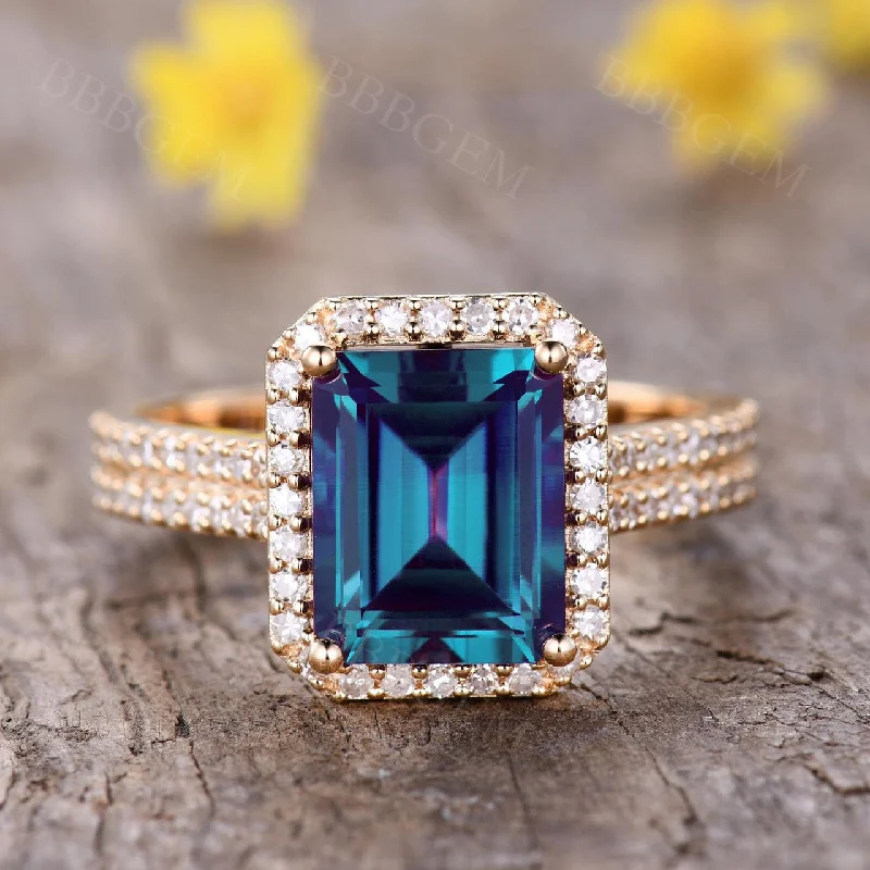 unique engagement ring designs -5 Carat Emerald Cut Alexandrite Engagement Ring Diamond Halo Ring White Gold