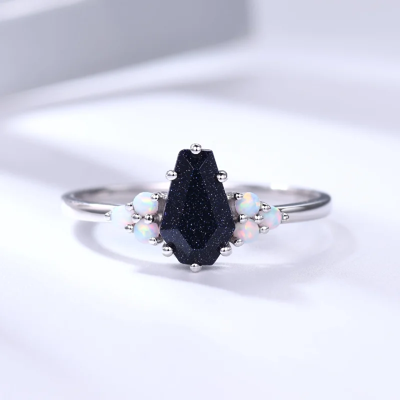 affordable diamond engagement rings -Geometric Galaxy Blue Sandstone Coffin Cut Ring With Cluster Round Opal Sidestones Ring