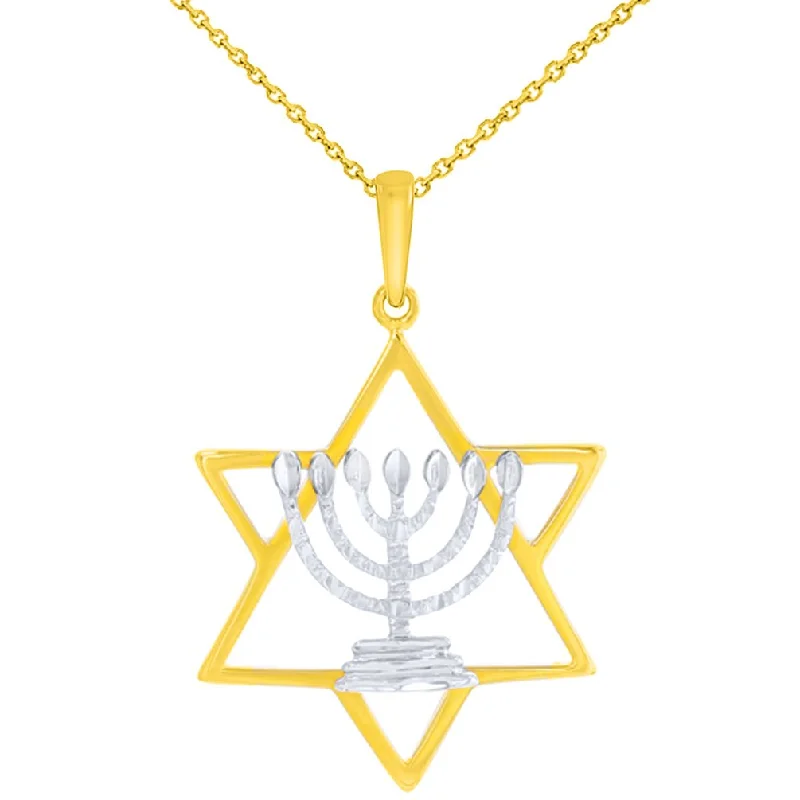 women silver chain necklaces -14K Two-Tone Gold Jewish Star of David with Textured Menorah Pendant Necklace