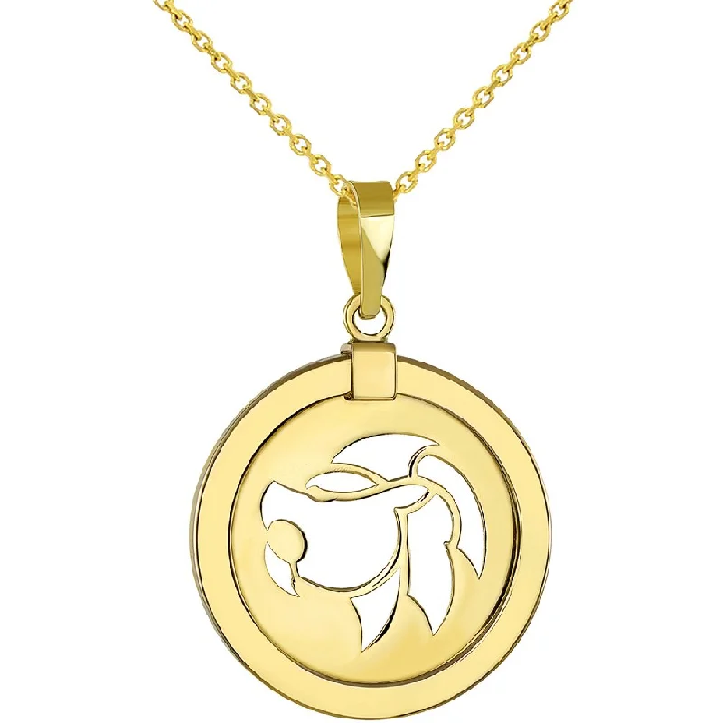 women delicate necklaces -14K Yellow Gold Reversible Round Lion Leo Zodiac Sign Pendant Necklace