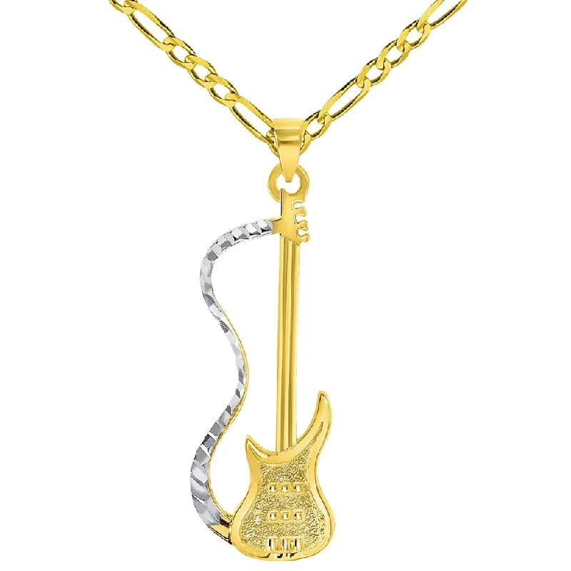 women layered necklaces -Solid 14k Yellow Gold Electric Guitar Two-Tone Musical Instrument Pendant with Figaro Chain Necklace